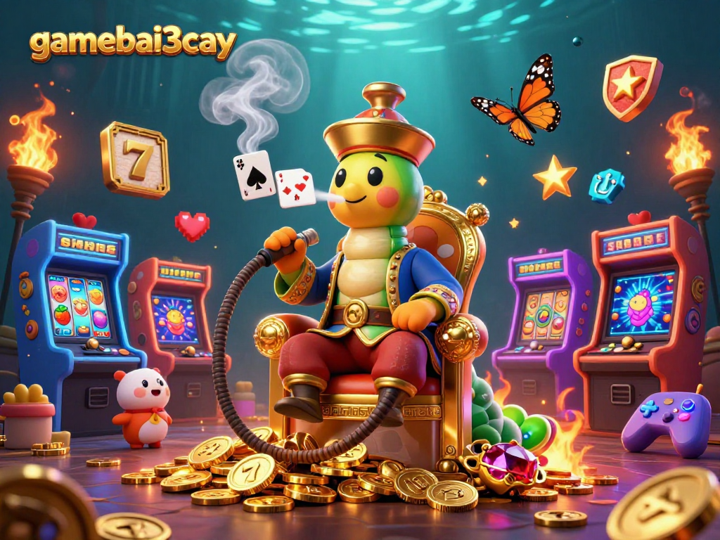 Experience thrilling gaming adventures with gamebai3cay's luxurious 3D caterpillar casino scene.