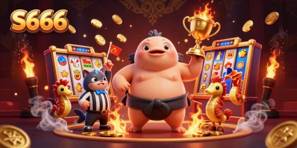 S666 celebrates vibrant gameplay with a dynamic underwater scene featuring blowfish, catfish referee, and slot game elements.