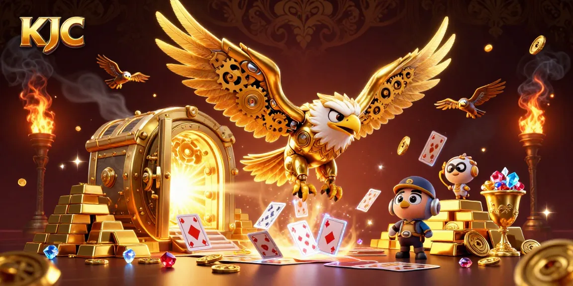 KJC showcases a cybernetic eagle diving through playing cards amidst gold treasure and vibrant light