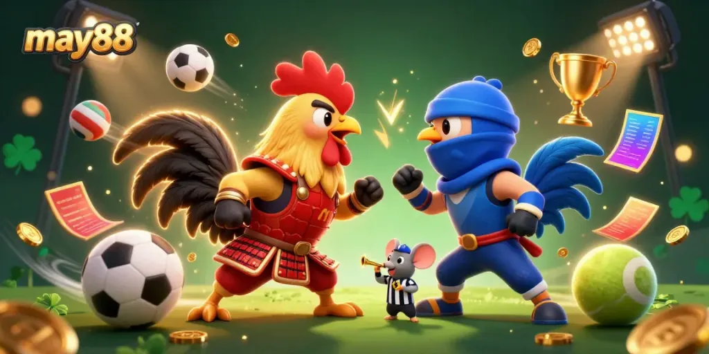 Experience the excitement of may88 with cartoon roosters in a dramatic standoff amidst dynamic gambling elements.