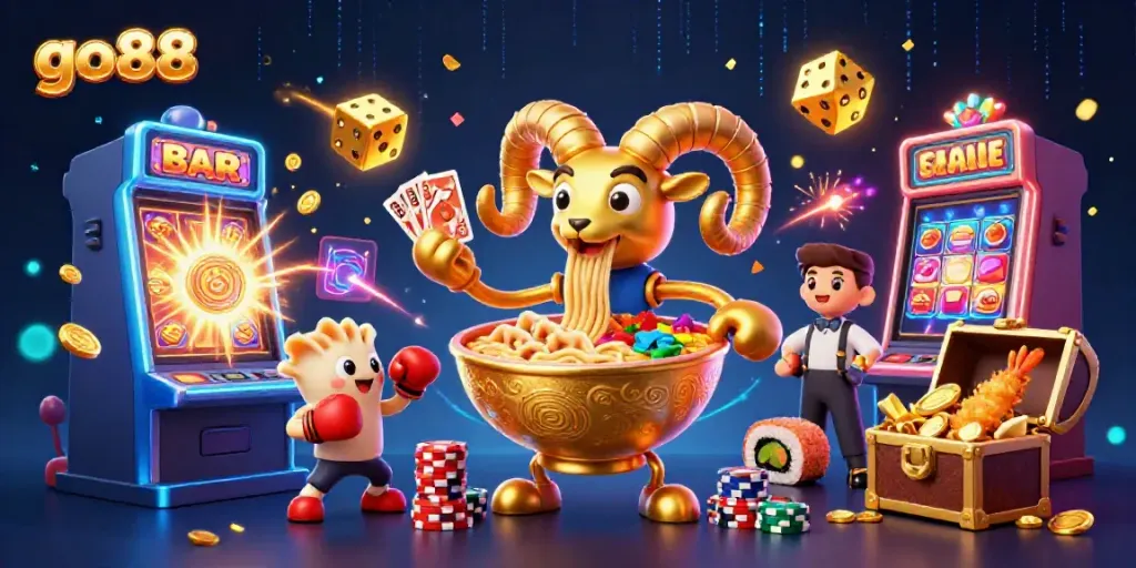 Engage with go88's thrilling casino experience featuring animated characters and slot machines exploding with excitement.