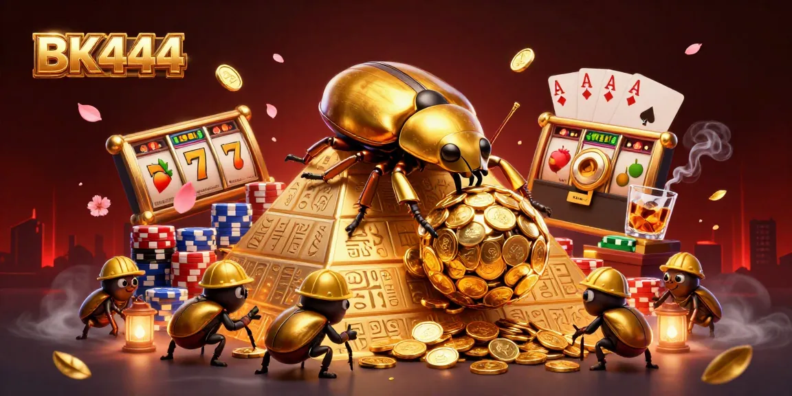 Experience the thrill of BK444 with a vibrant scene of golden beetles rolling coins amidst casino action.
