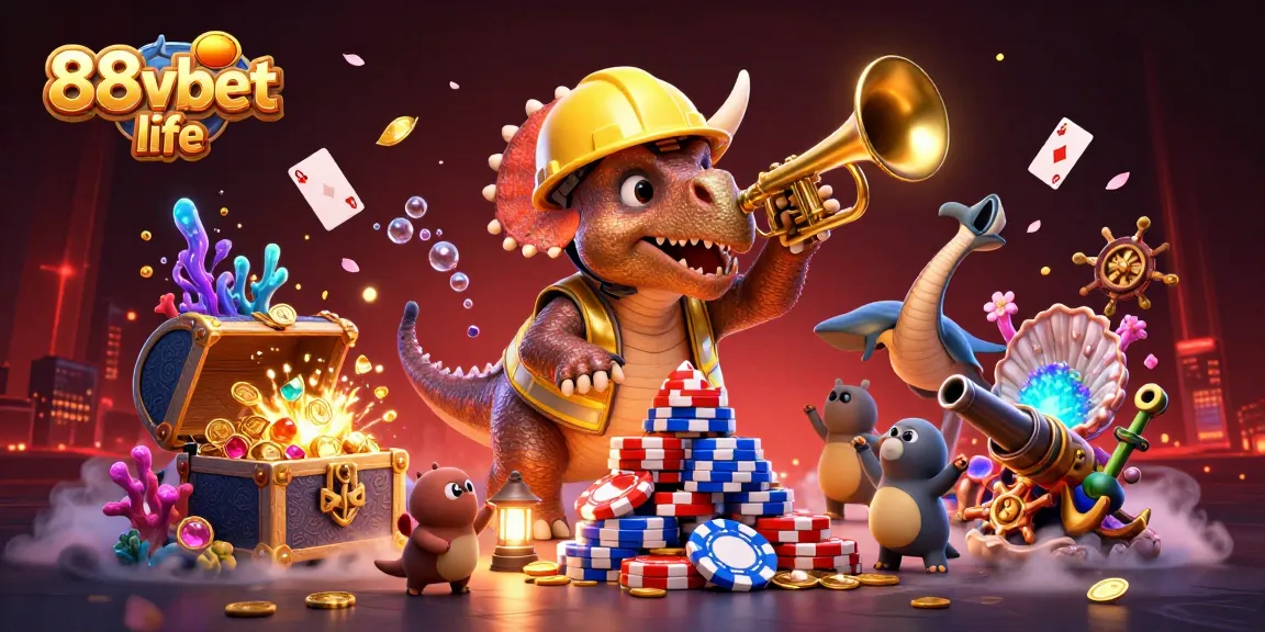 Experience the thrill of the casino world with 88vbet life as triceratops builds poker chip pyramids.