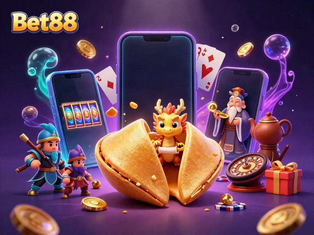 Experience thrilling gaming with Bet88, featuring a golden fortune cookie, dragon, and casino elements.