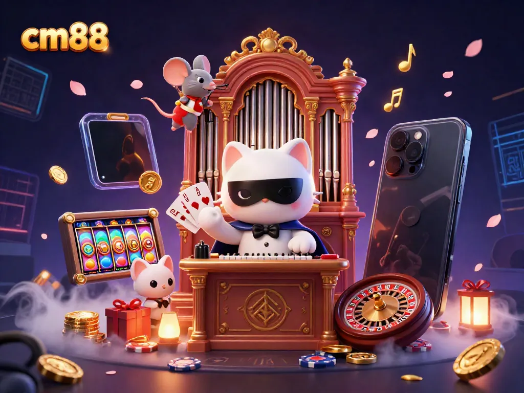 Experience exciting gaming with cm88 as a masked feline plays at the organ amidst golden coins and slot games.