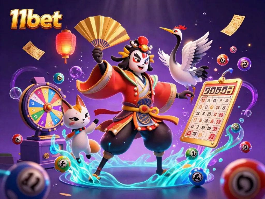 Experience vibrant excitement at 11bet with a dynamic 3D illustration showcasing thrilling lottery elements.