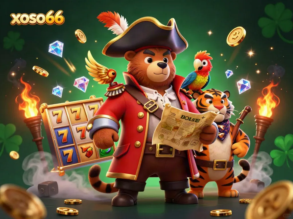 Engage with exciting xoso66 slots featuring a pirate captain bear and vibrant game elements.