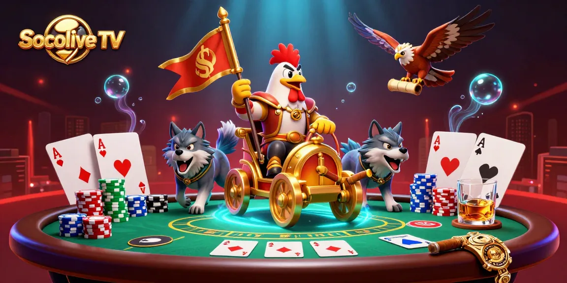 Socolive TV features an exciting scene with a rooster warlord and poker elements, creating a thrilling gambling atmosphere.