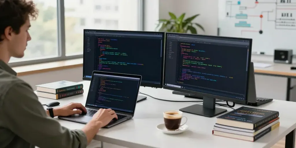 Developer working on instant indexing in a modern tech office with multiple screens and coding materials.