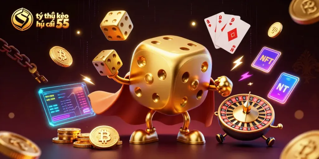 Engage with tỷ lệ kèo nhà cái 55 through a vibrant sports betting scene featuring golden dice and cryptocurrency.