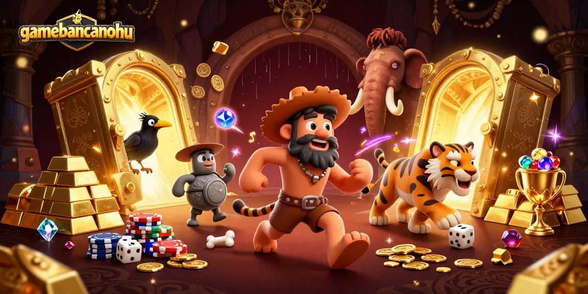 Engage with the gamebancanohu experience featuring a cartoon caveman and sabertooth tiger in a vibrant prehistoric casino.