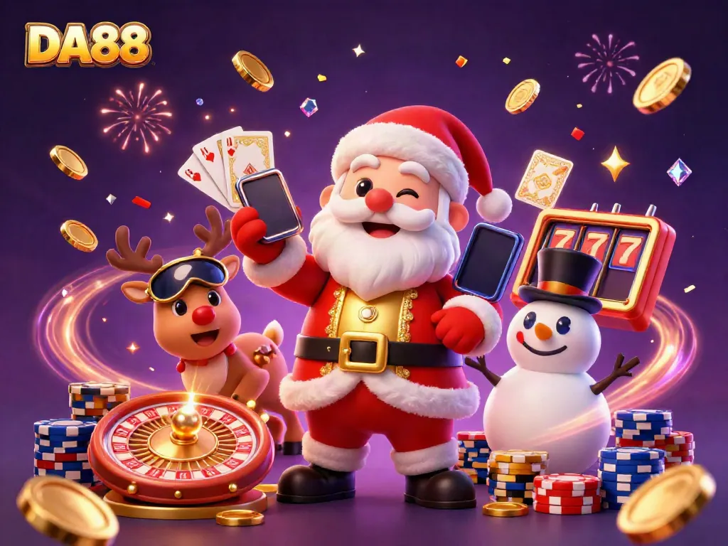 Experience DA88 online gaming with festive characters, vibrant casino elements, and interactive excitement.
