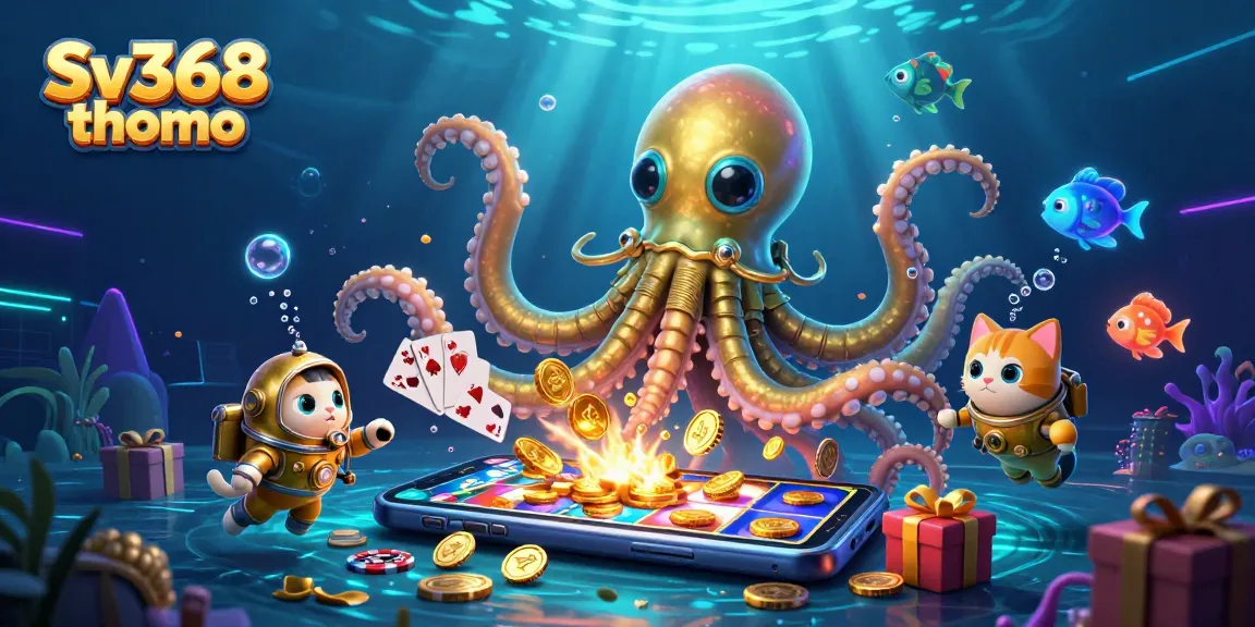 Engage with Sv368 thomo for thrilling cockfighting action featuring a vibrant kraken and diving cat.