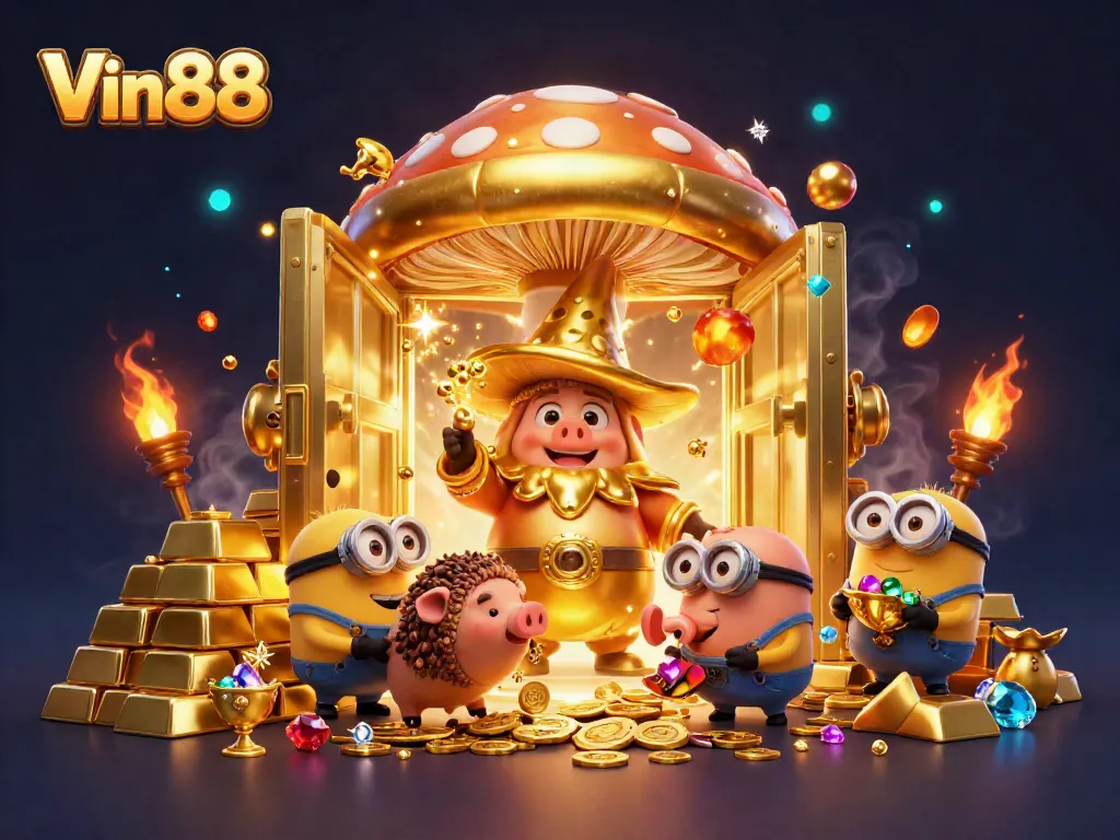 Experience Vin88's captivating casino magic with a golden mushroom wizard and treasures galore.