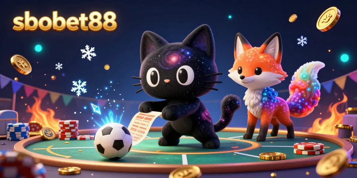 SBOBET88 sports betting scene featuring a cosmic black hole cat and nebula fox with vibrant betting elements.