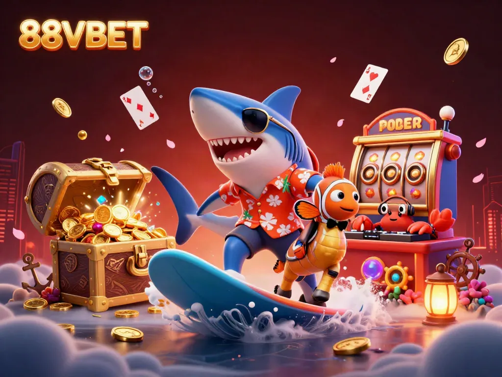 Experience thrill and excitement with 88VBET's vibrant 3D surfing characters amid a dynamic casino theme.