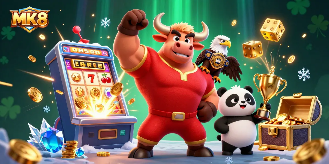 Experience the excitement of MK8 betting with a dynamic casino-themed 3D illustration showcasing vibrant characters and gaming elements.