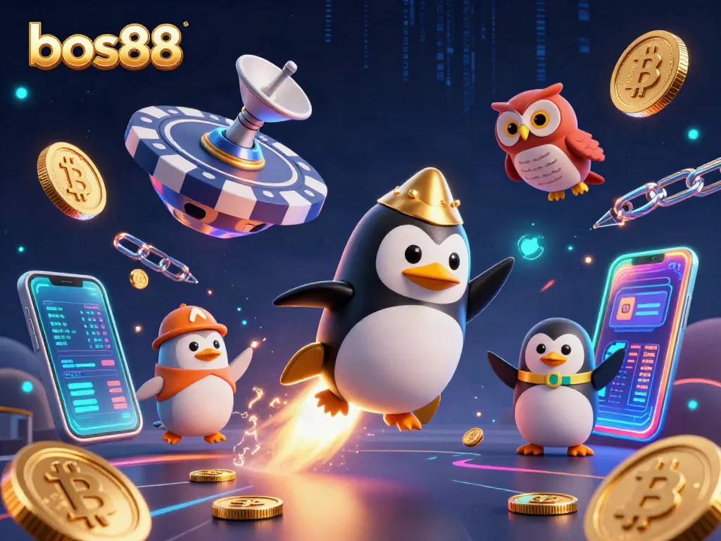 Spin to win with bos88, featuring a golden penguin in a rich casino-themed galaxy.