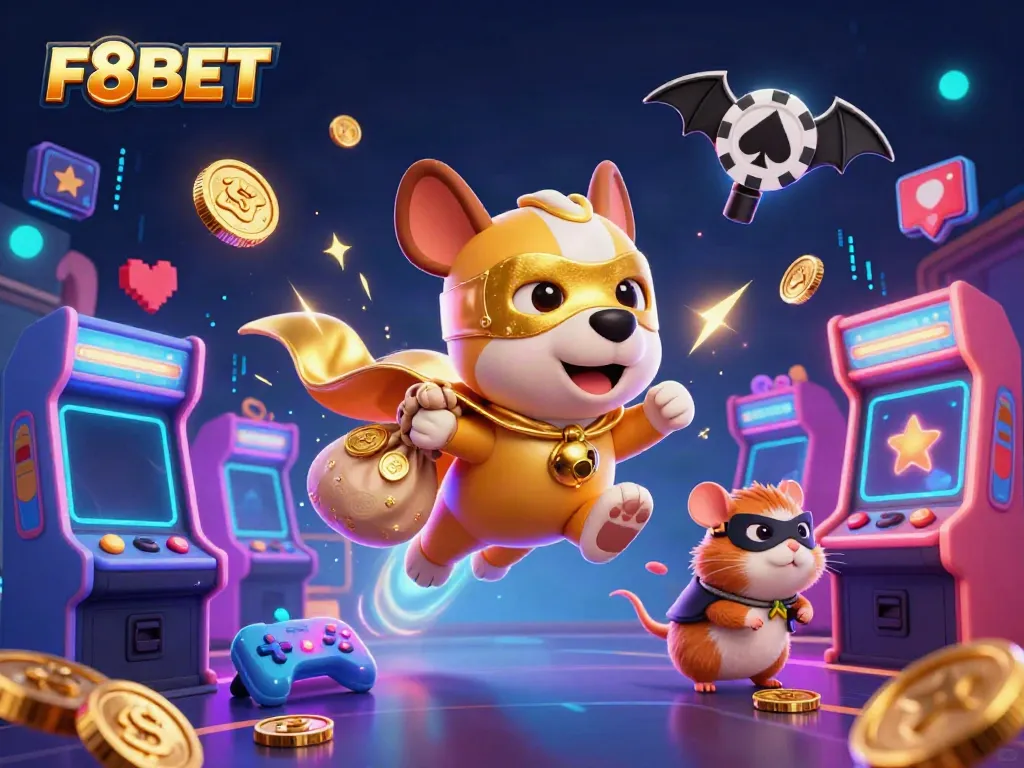Experience F8BET with a superhero dog in a dynamic casino-themed adventure, flying with gold coins.