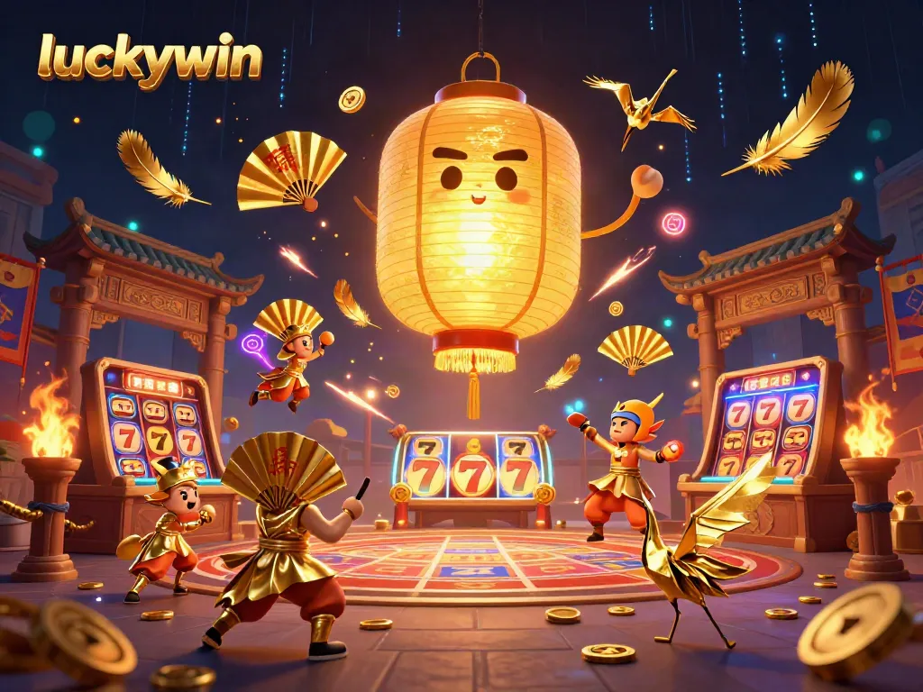 Experience the thrill of luckywin with vibrant 3D characters above a casino, surrounded by jackpots.