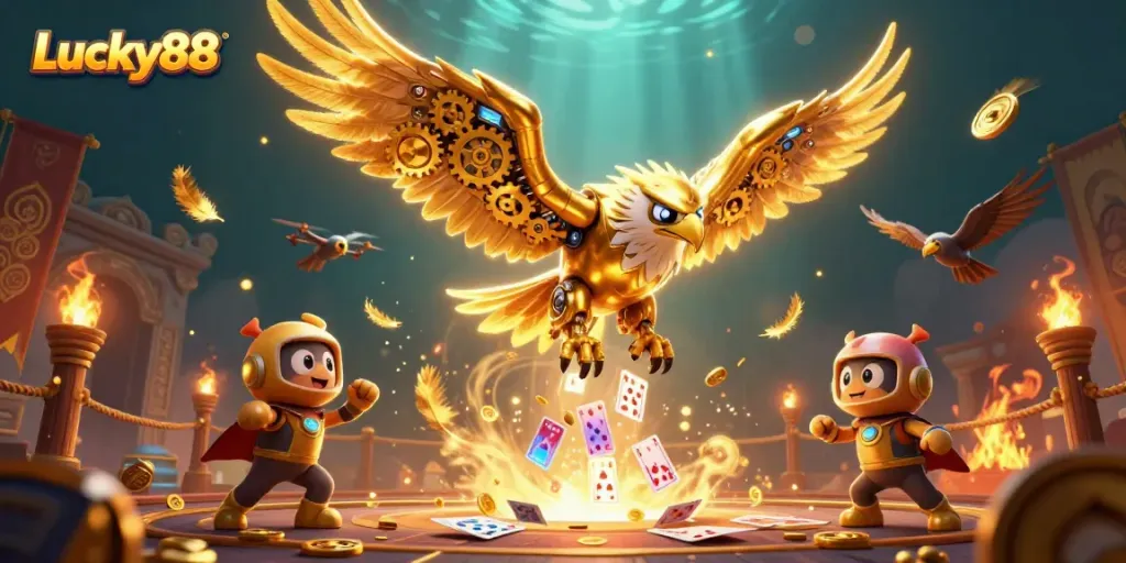 Immerse in Lucky88's vibrant online casino action with a cybernetic eagle diving through holographic cards.