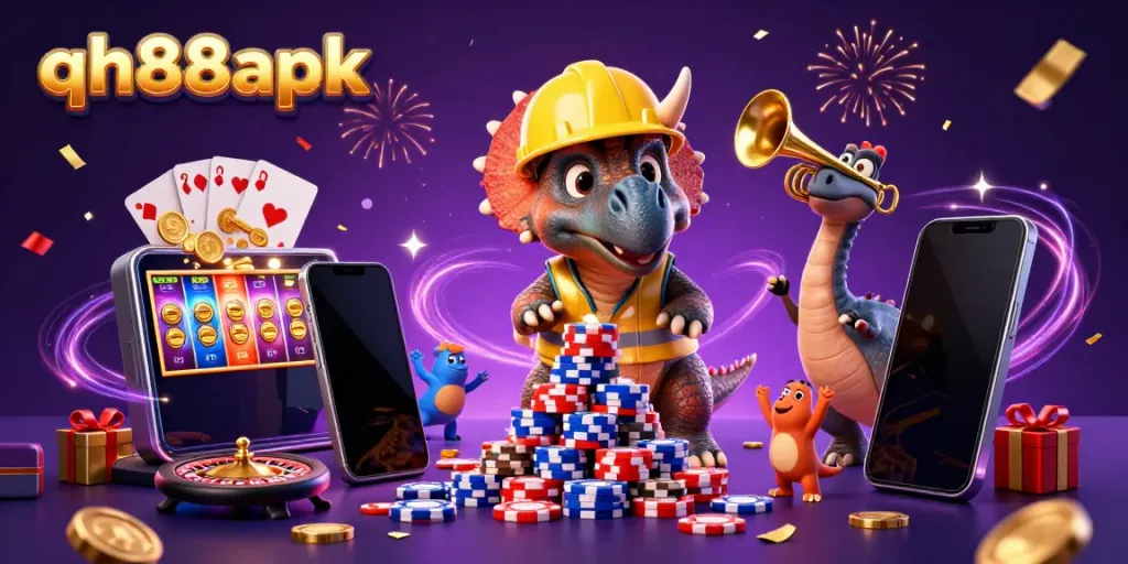 Experience the excitement of qh88apk with a vibrant celebration of poker chips and slot games in a dynamic scene.