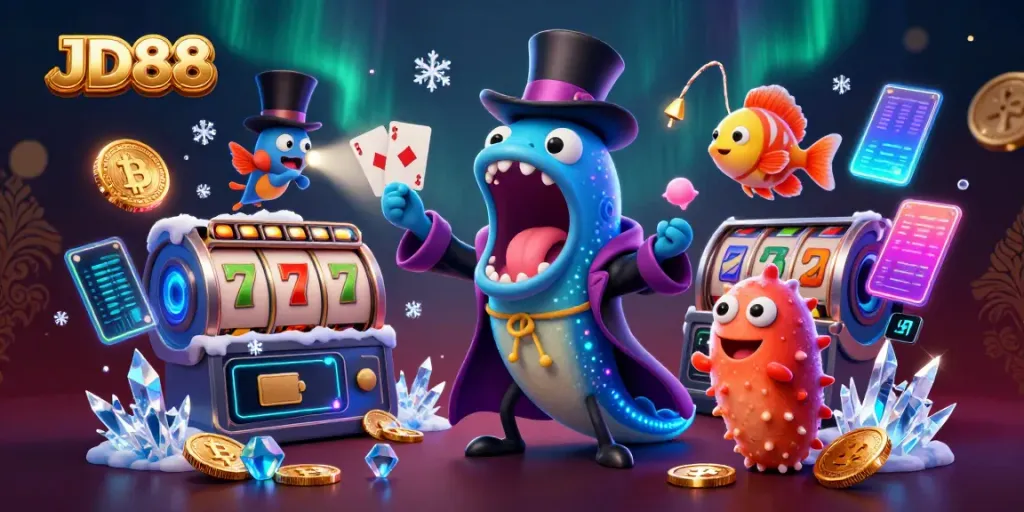 Experience the magic at JD88 with a card trick by a gulper eel and an anglerfish spotlighting in enchanting casino depths.