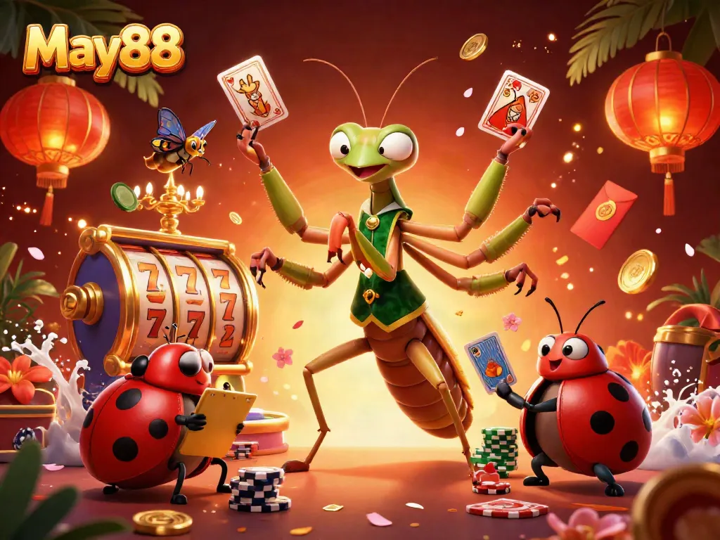 May88 shines as a vibrant casino scene, featuring a giant praying mantis dealer amidst lucky slot symbols and festive decor.