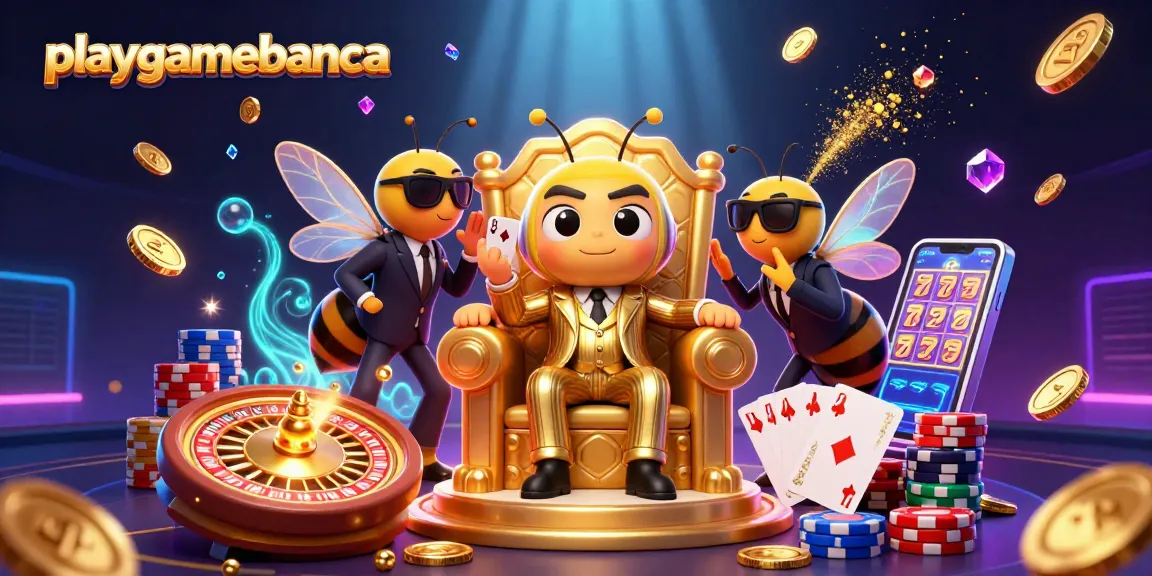 playgamebanca buzzes with excitement as golden coins and poker chips fly in a vibrant casino scene