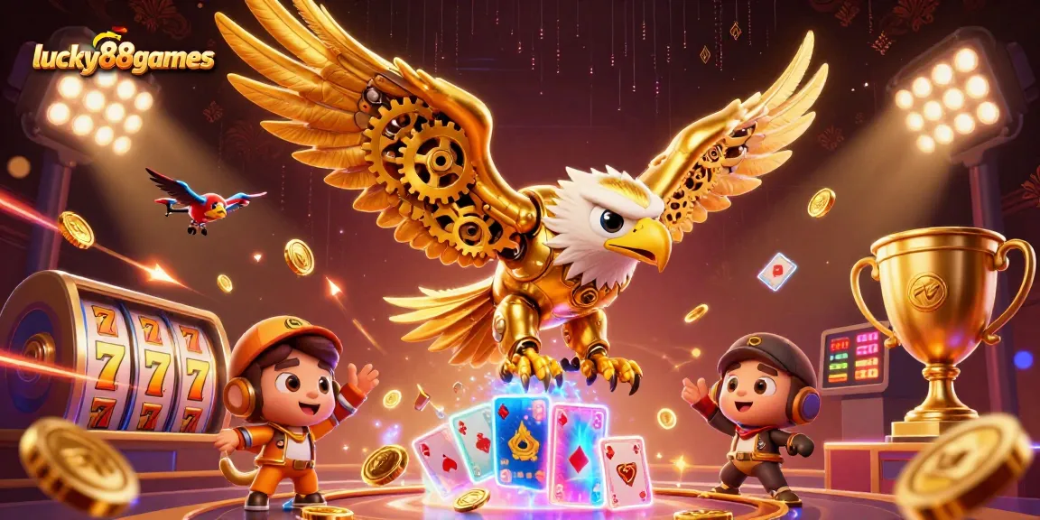 Win big with lucky88games in a vibrant 3D casino scene featuring a cybernetic golden eagle and dynamic gaming elements.