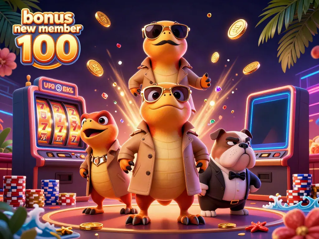Three raptors in a trench coat entering a VIP casino, showcasing bonus new member 100 gaming excitement with slots and chips.