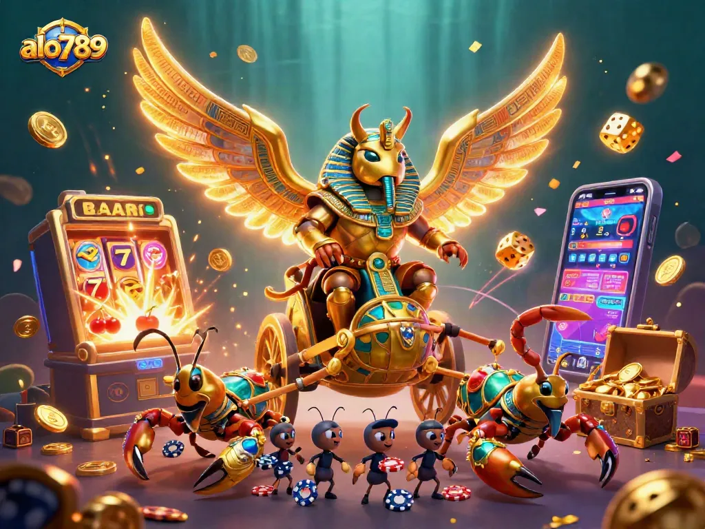 Enjoy thrilling casino action with alo789's vibrant chariot scene featuring golden scarabs and jackpot bursts.