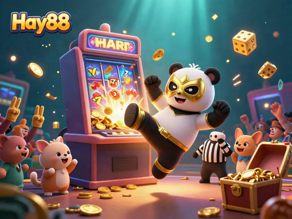 Experience the excitement of Hay88 with a playful panda wrestler in a vibrant casino setting.