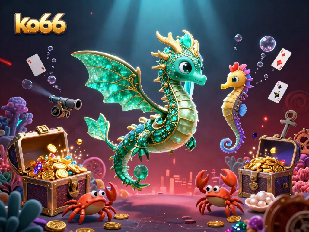 Experience the vibrant underwater adventure of ko66 with a sea dragon and treasure in this dynamic 3D illustration.