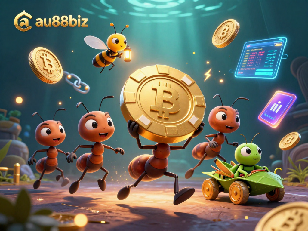 Engage with the vibrant heist scene of ants at au88biz, showcasing golden poker chips and crypto elements.