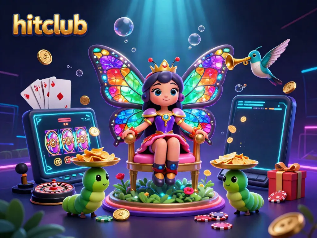 Experience the vibrant atmosphere of hitclub with a stunning butterfly queen and dynamic casino elements.