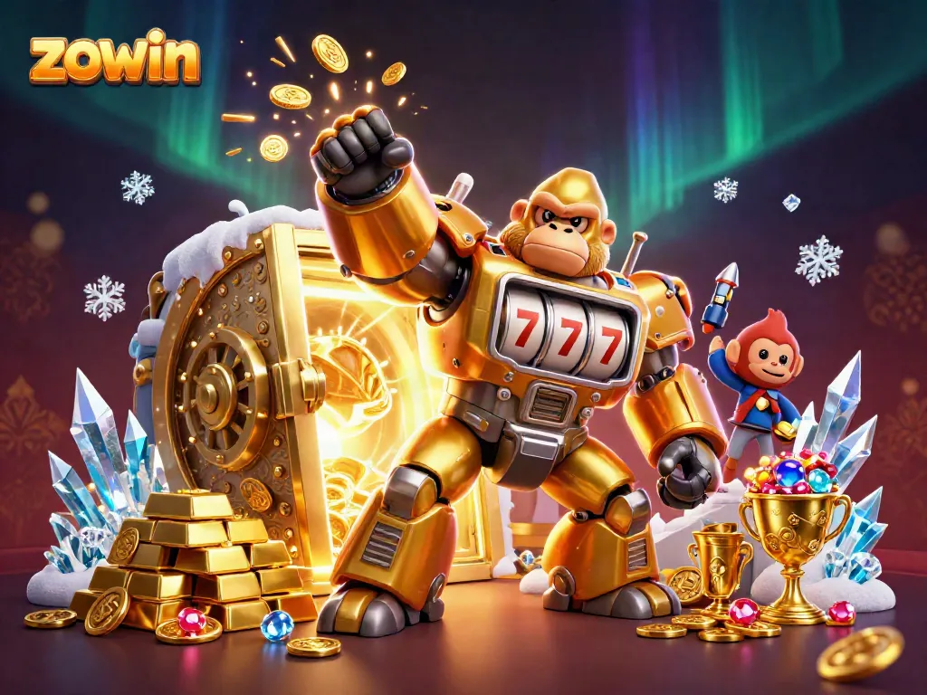 Zowin showcases a vibrant 3D gaming scene with a golden gorilla mech and treasures exploding in glory.