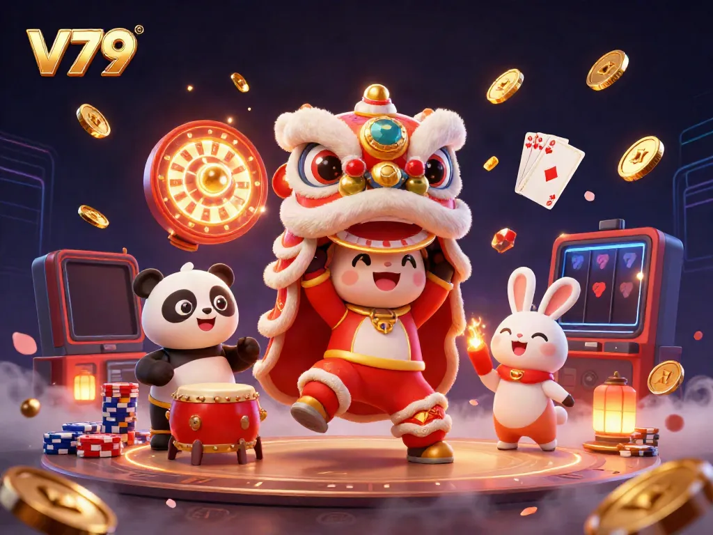 Experience the vibrant excitement of gambling with v79 featuring a festive lion dance and dynamic casino elements.