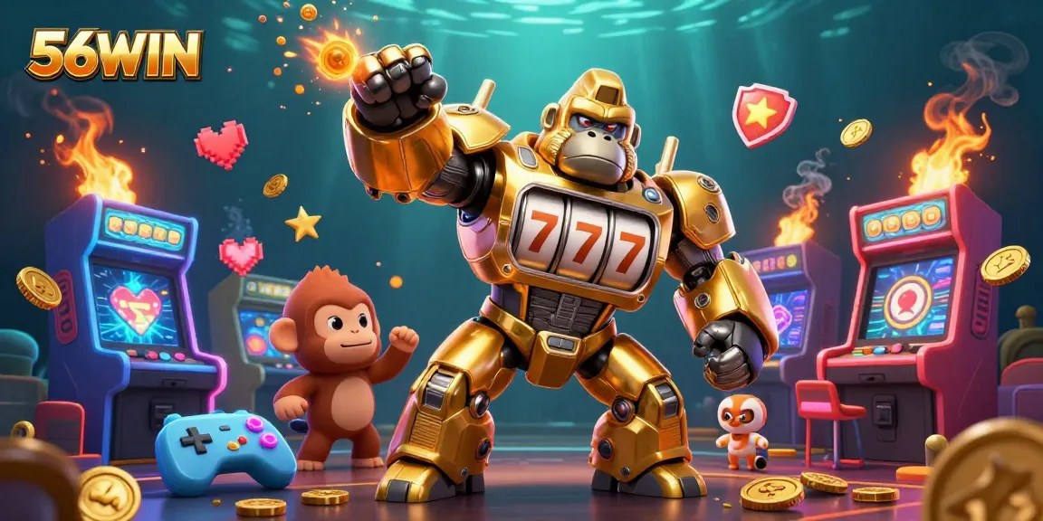 Experience vibrant gaming action at 56WIN with a golden gorilla mech and exciting casino elements.