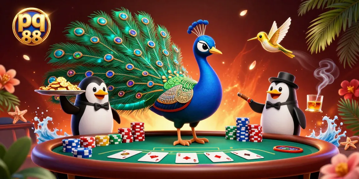 Engaging poker scene showcasing pq 88 with a peacock, butler penguin, and hummingbird in a vibrant casino.