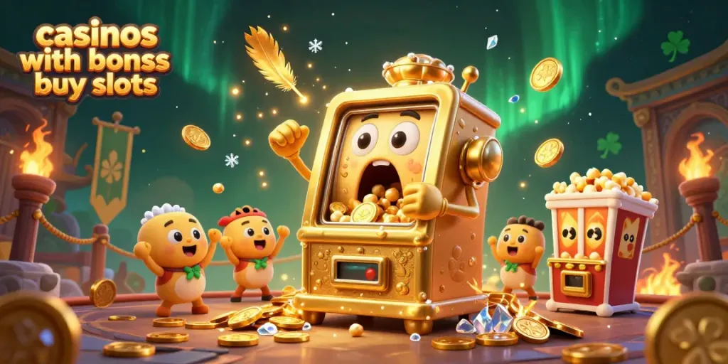 Engage with casinos featuring bonus buy slots as a golden slot machine celebrates its jackpot amidst cheering machines.