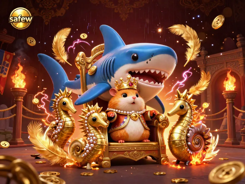 Engage in a captivating casino adventure with Safew, showcasing a golden hamster king amid a thrilling backdrop of shimmering coins and vibrant gamified elements.