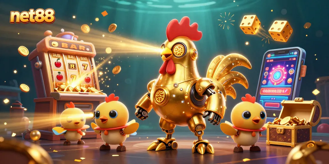Experience vibrant gaming action with net88's animated rooster and treasure-filled casino scene.