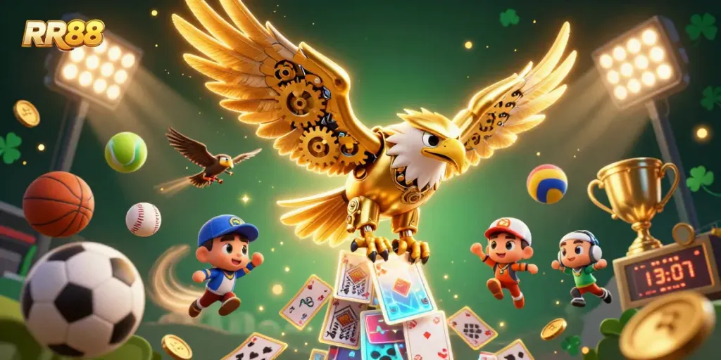RR88 brings excitement with a cybernetic eagle soaring amid holographic cards and sports elements.