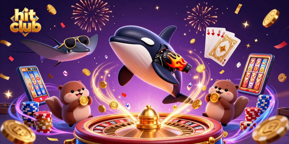 Hit club celebrates with a vibrant scene featuring an orca, stingray, and otters in a casino atmosphere.