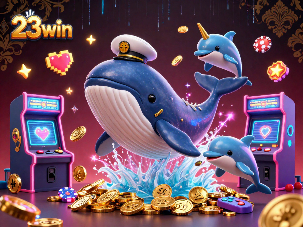 Engage in the excitement of 23win with this vibrant 3D casino scene featuring a whale, narwhal, and playful dolphins.