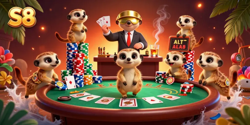 Experience the excitement of S8's vibrant casino operation with meerkats engaging in thrilling poker action.
