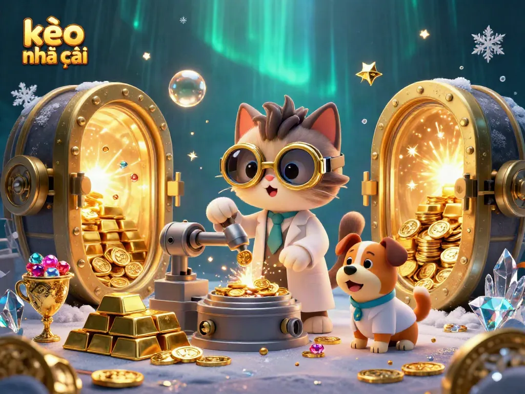 Engage with kèo nhà cái in a spectacular 3D scene of a cat scientist creating coin riches with a dog assistant.