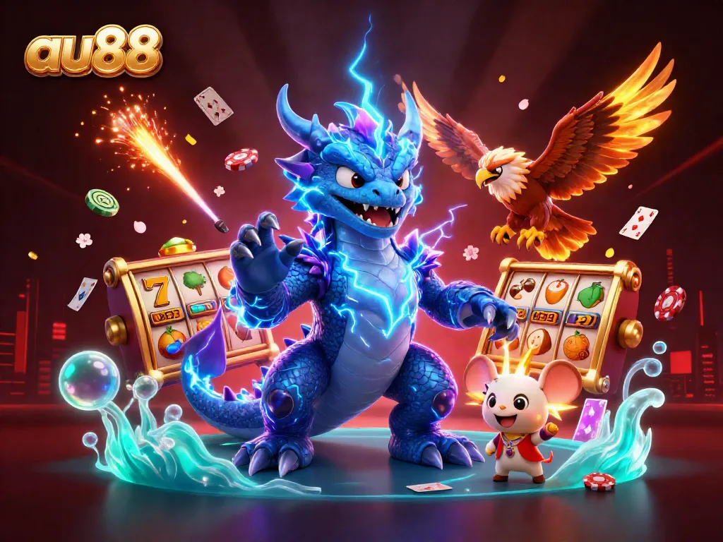 Win big at au88 with vibrant 3D illustrations showcasing dynamic casino elements and characters.