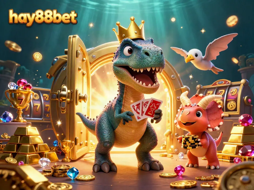 Engage with the dynamic charisma of hay88bet as a T-Rex and pals shuffle cards amidst a treasure-filled casino environment.